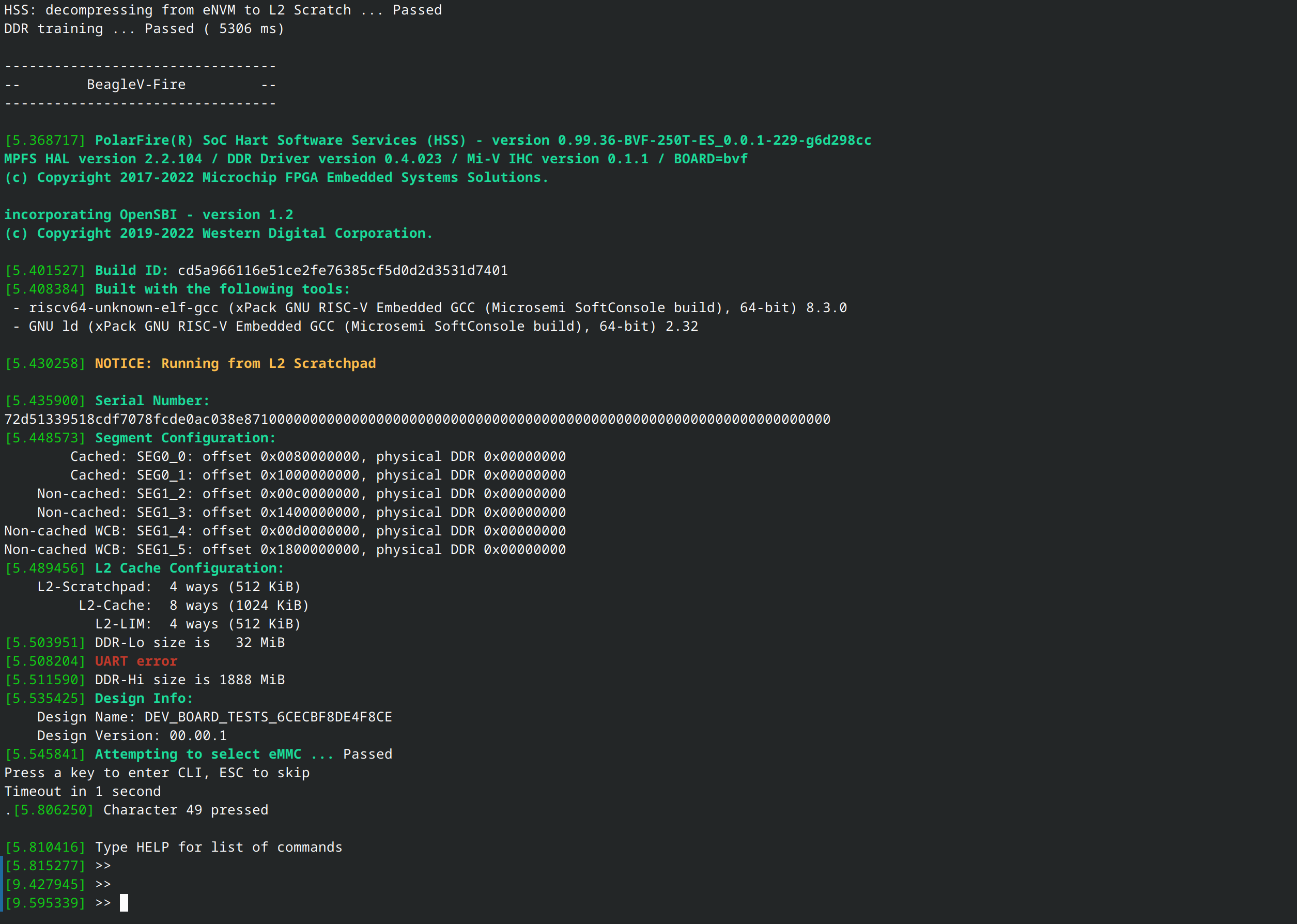 BeagleV-Fire boot messages with HSS prompt access